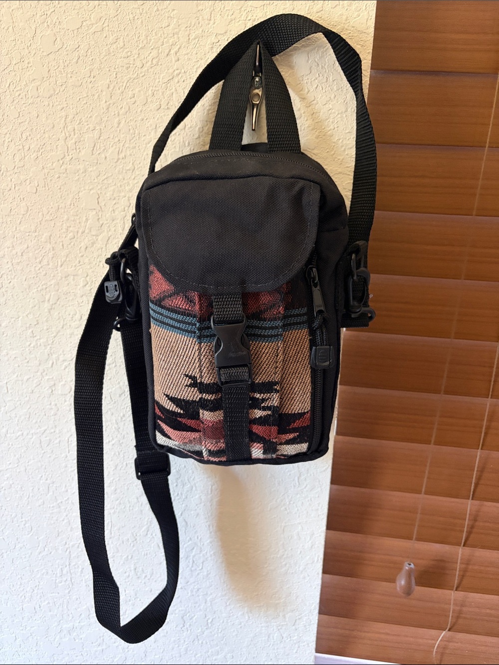 Black Messenger Crossbody Bag with Southwestern Accent